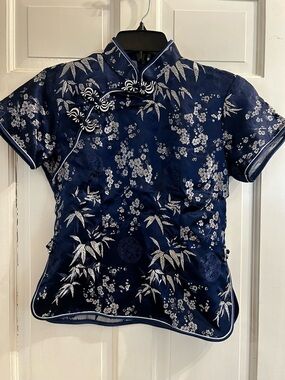 Navy Floral Embroidered Satin Mandarin Collar Top